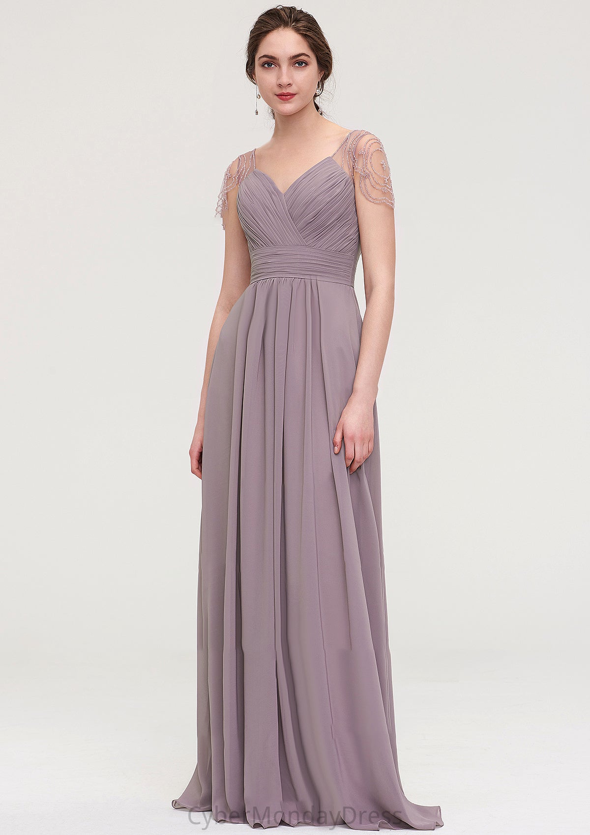 Short Sleeve Sweetheart Long/Floor-Length Chiffon A-line/Princess Bridesmaid Dresses With Pleated Beading Michaela DTP0025487