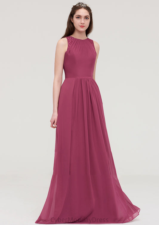 Bateau Sleeveless Long/Floor-Length Chiffon A-line/Princess Bridesmaid Dresses With Lace Pleated Damaris DTP0025488