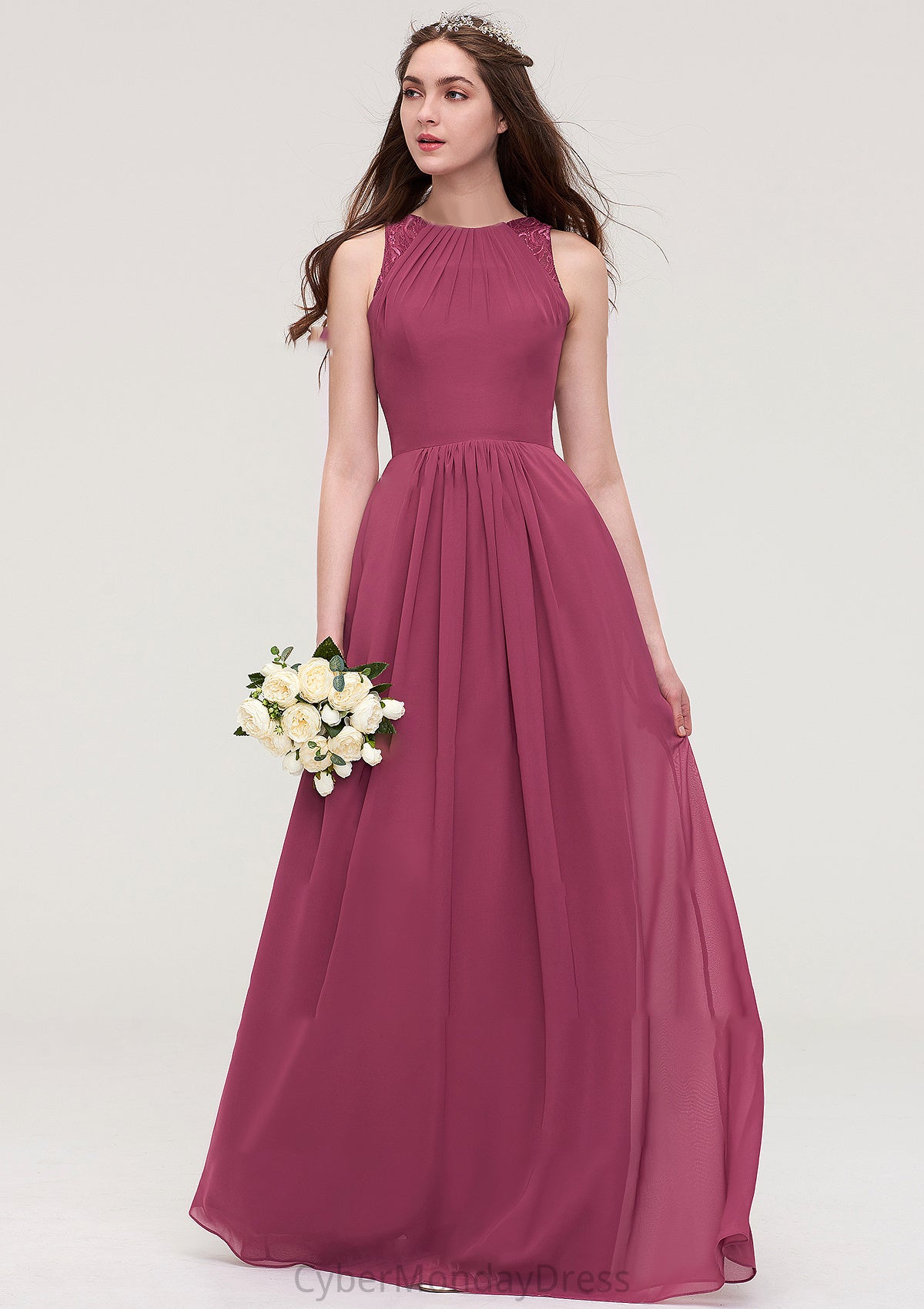 Bateau Sleeveless Long/Floor-Length Chiffon A-line/Princess Bridesmaid Dresses With Lace Pleated Damaris DTP0025488