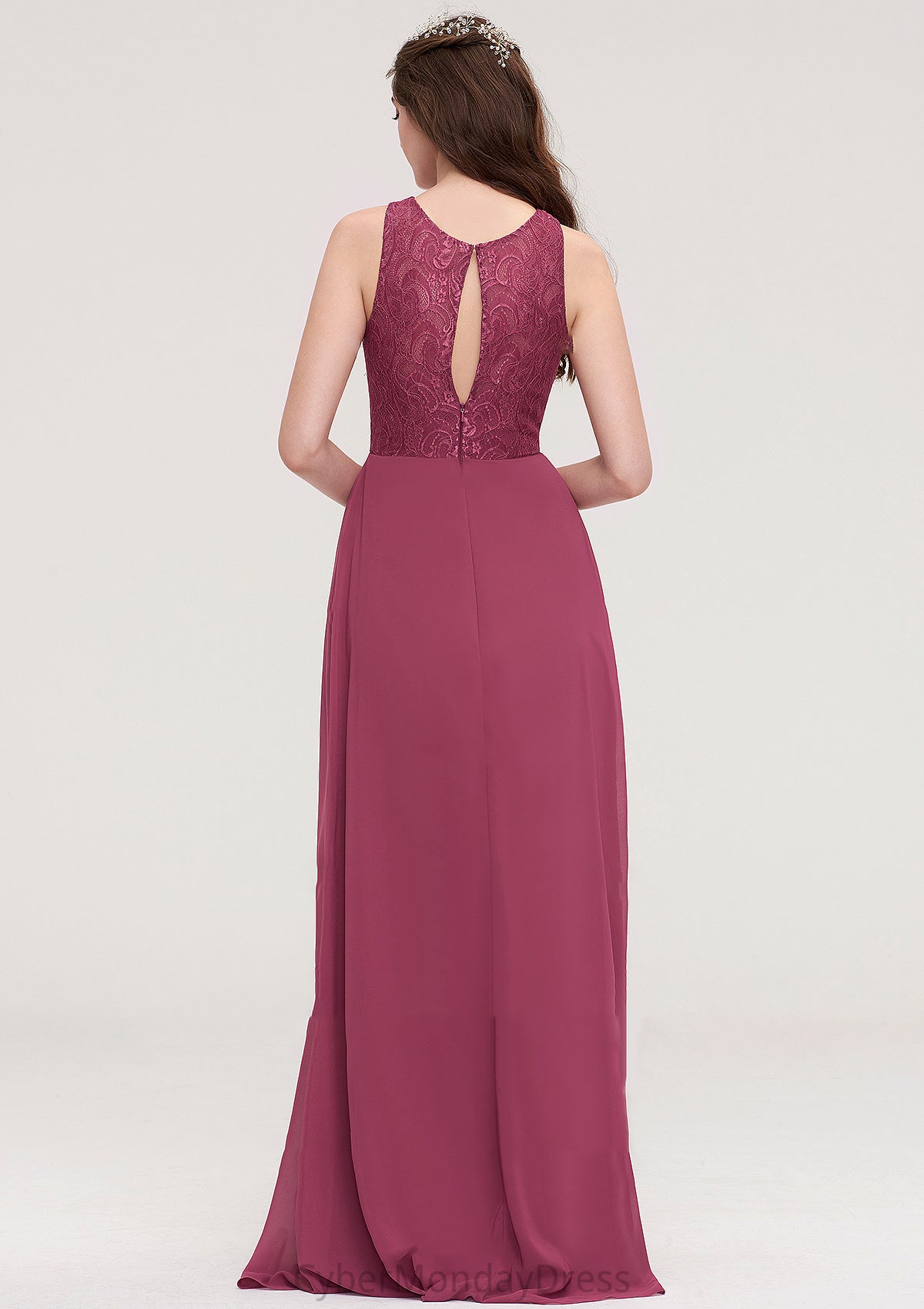 Bateau Sleeveless Long/Floor-Length Chiffon A-line/Princess Bridesmaid Dresses With Lace Pleated Damaris DTP0025488