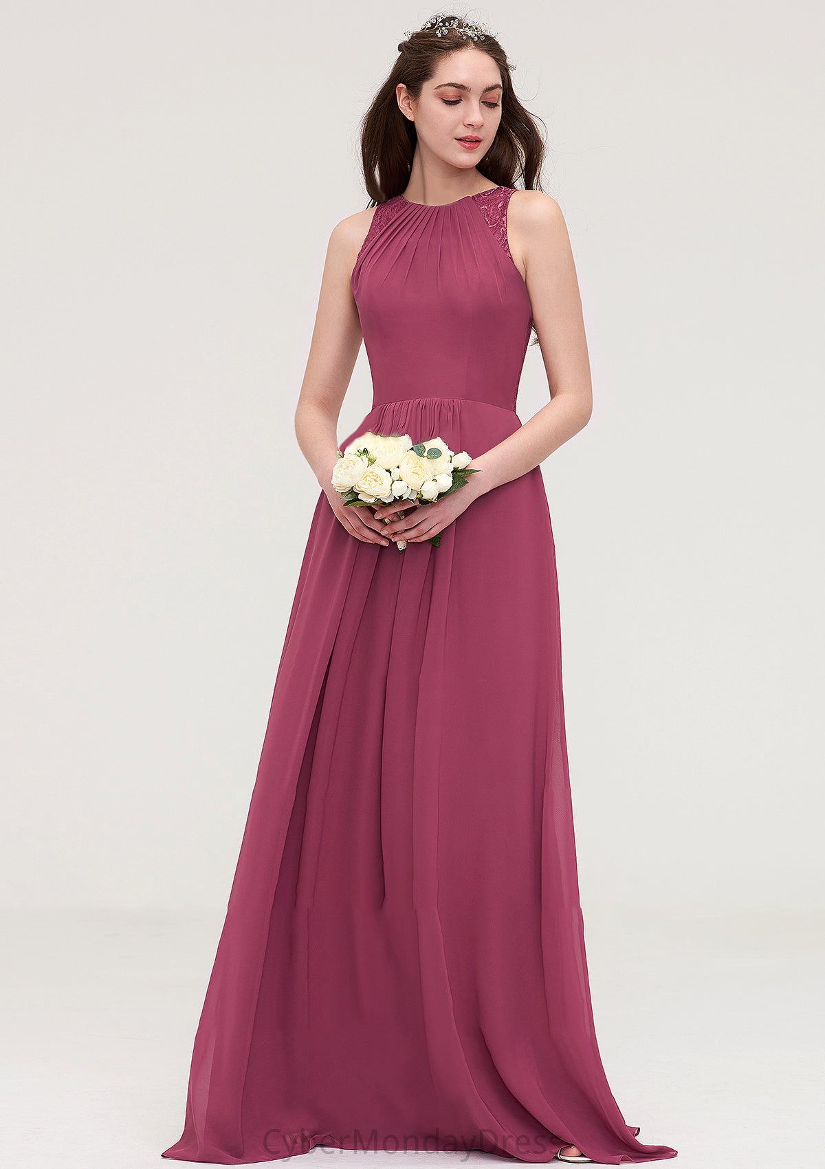 Bateau Sleeveless Long/Floor-Length Chiffon A-line/Princess Bridesmaid Dresses With Lace Pleated Damaris DTP0025488