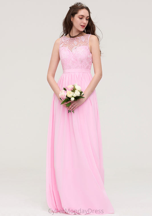 Bateau Sleeveless Long/Floor-Length Chiffon A-line/Princess Bridesmaid Dresses With Lace Susan DTP0025489