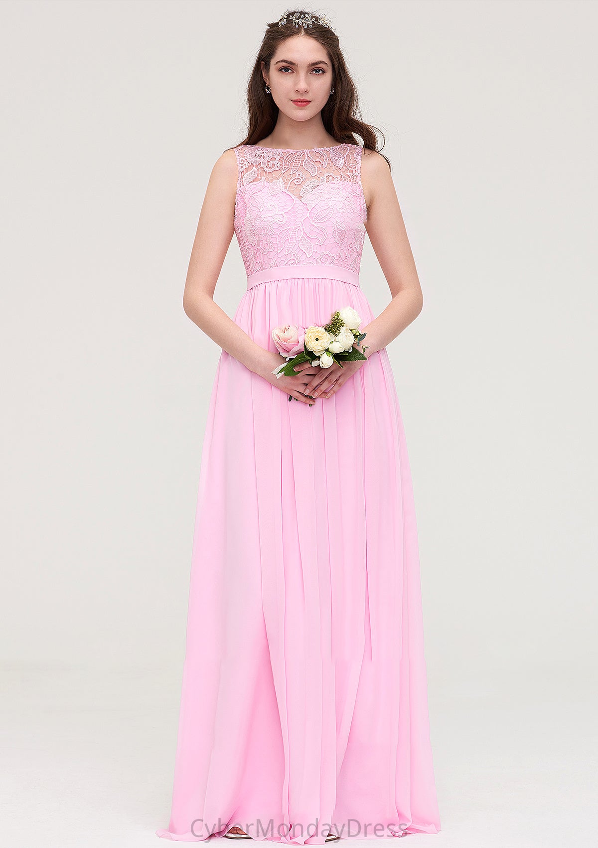 Bateau Sleeveless Long/Floor-Length Chiffon A-line/Princess Bridesmaid Dresses With Lace Susan DTP0025489