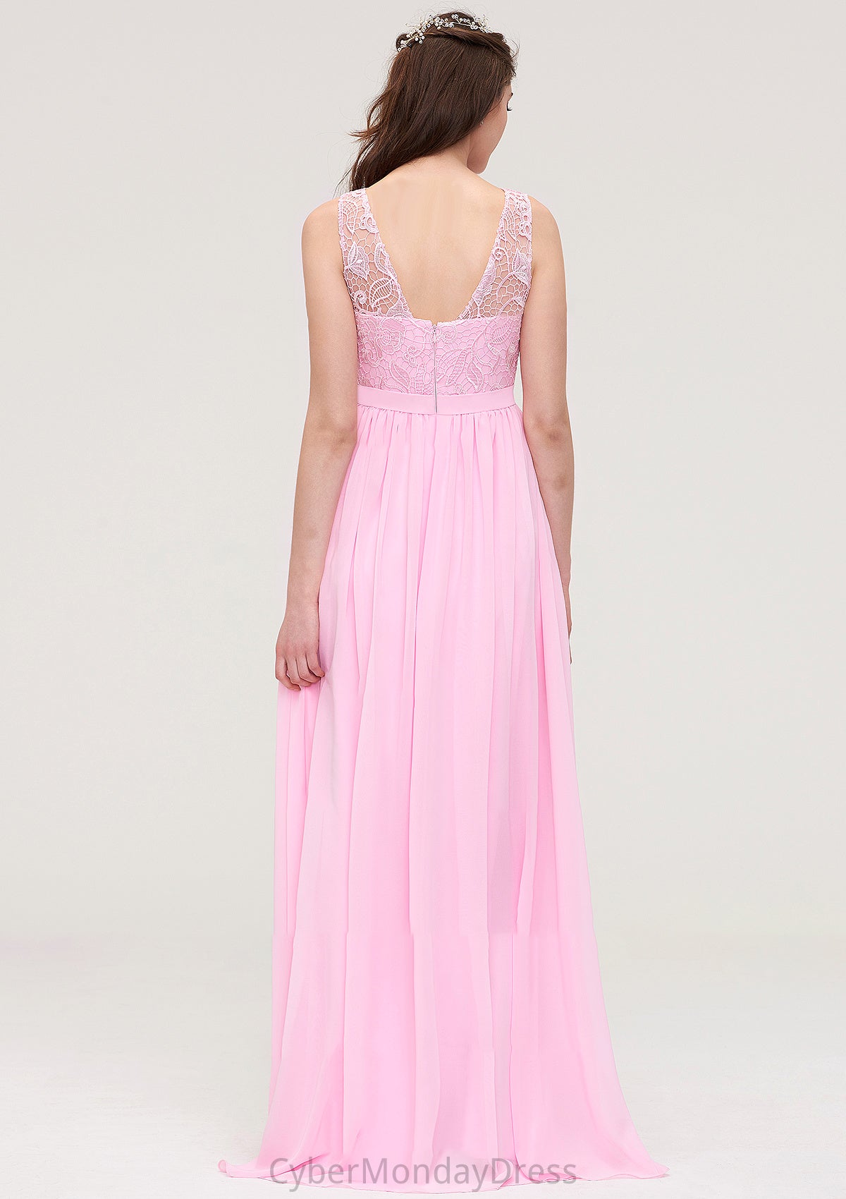 Bateau Sleeveless Long/Floor-Length Chiffon A-line/Princess Bridesmaid Dresses With Lace Susan DTP0025489