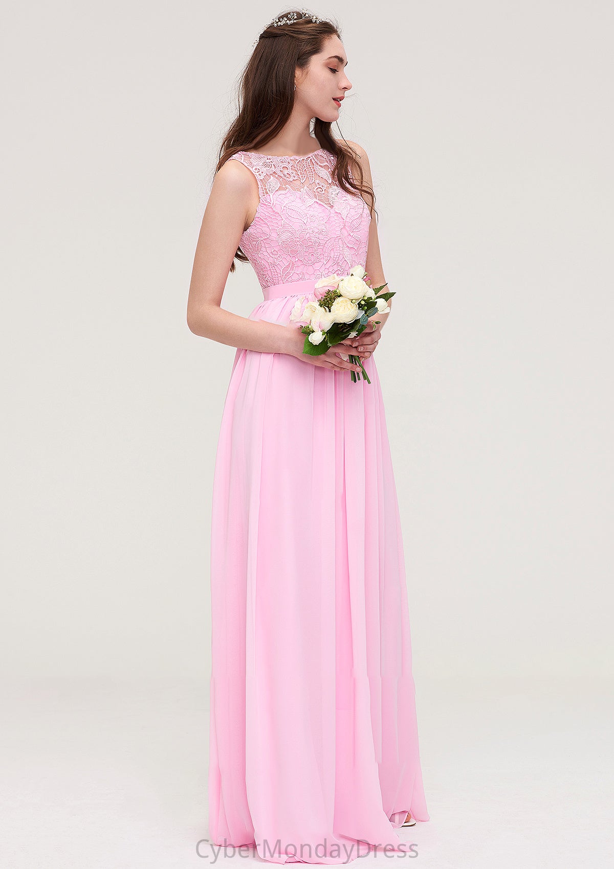 Bateau Sleeveless Long/Floor-Length Chiffon A-line/Princess Bridesmaid Dresses With Lace Susan DTP0025489