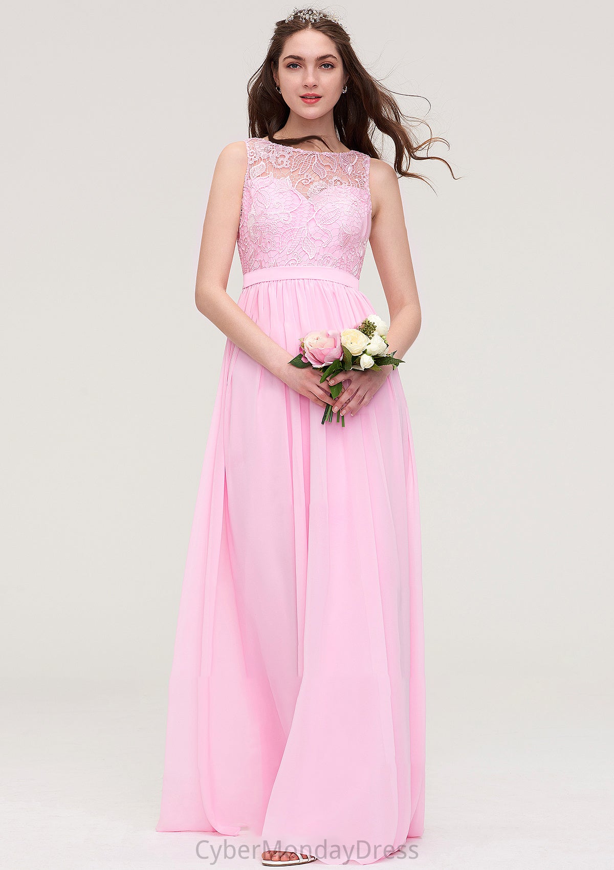 Bateau Sleeveless Long/Floor-Length Chiffon A-line/Princess Bridesmaid Dresses With Lace Susan DTP0025489