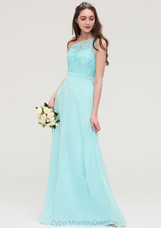 One-Shoulder Sleeveless Long/Floor-Length Chiffon A-line/Princess Bridesmaid Dresses With Lace Kristina DTP0025491