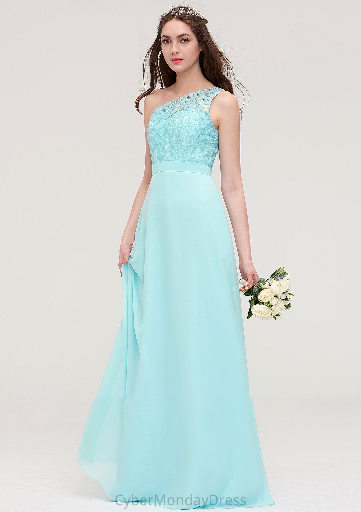 One-Shoulder Sleeveless Long/Floor-Length Chiffon A-line/Princess Bridesmaid Dresses With Lace Kristina DTP0025491