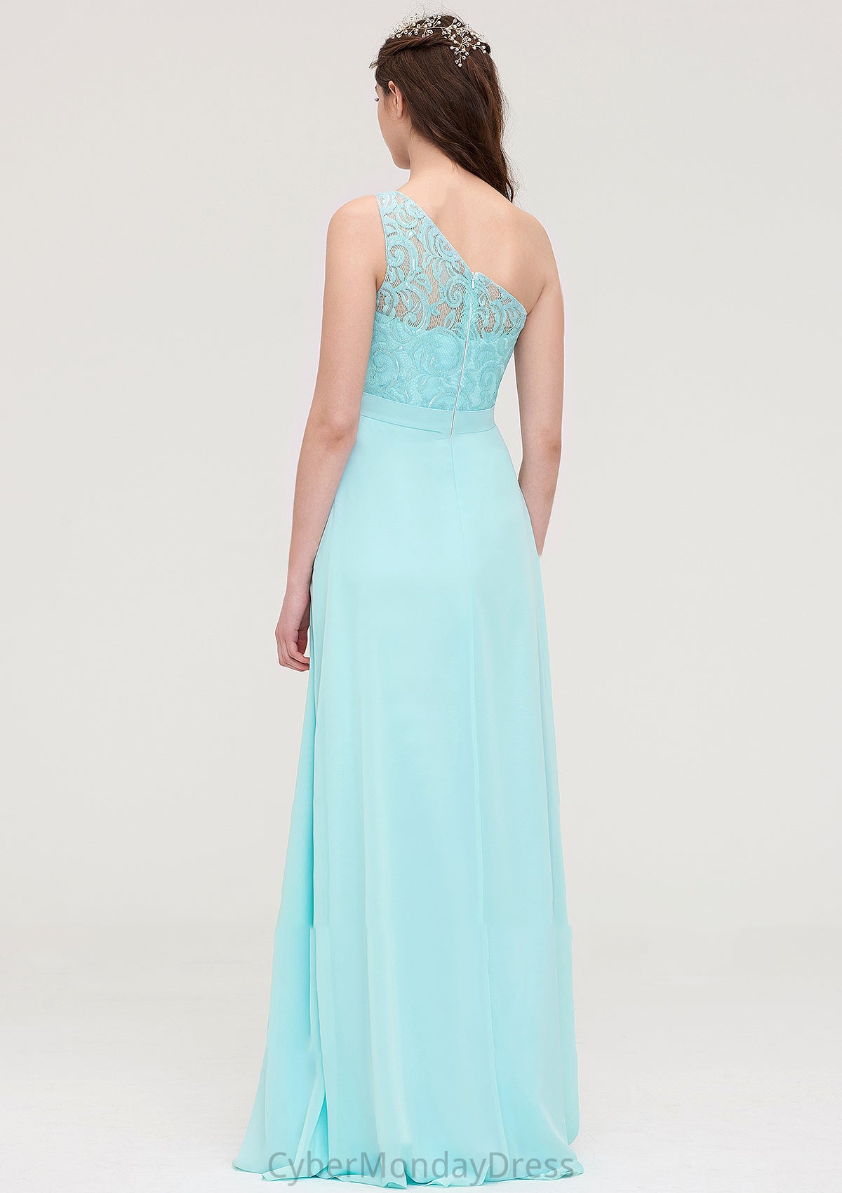 One-Shoulder Sleeveless Long/Floor-Length Chiffon A-line/Princess Bridesmaid Dresses With Lace Kristina DTP0025491