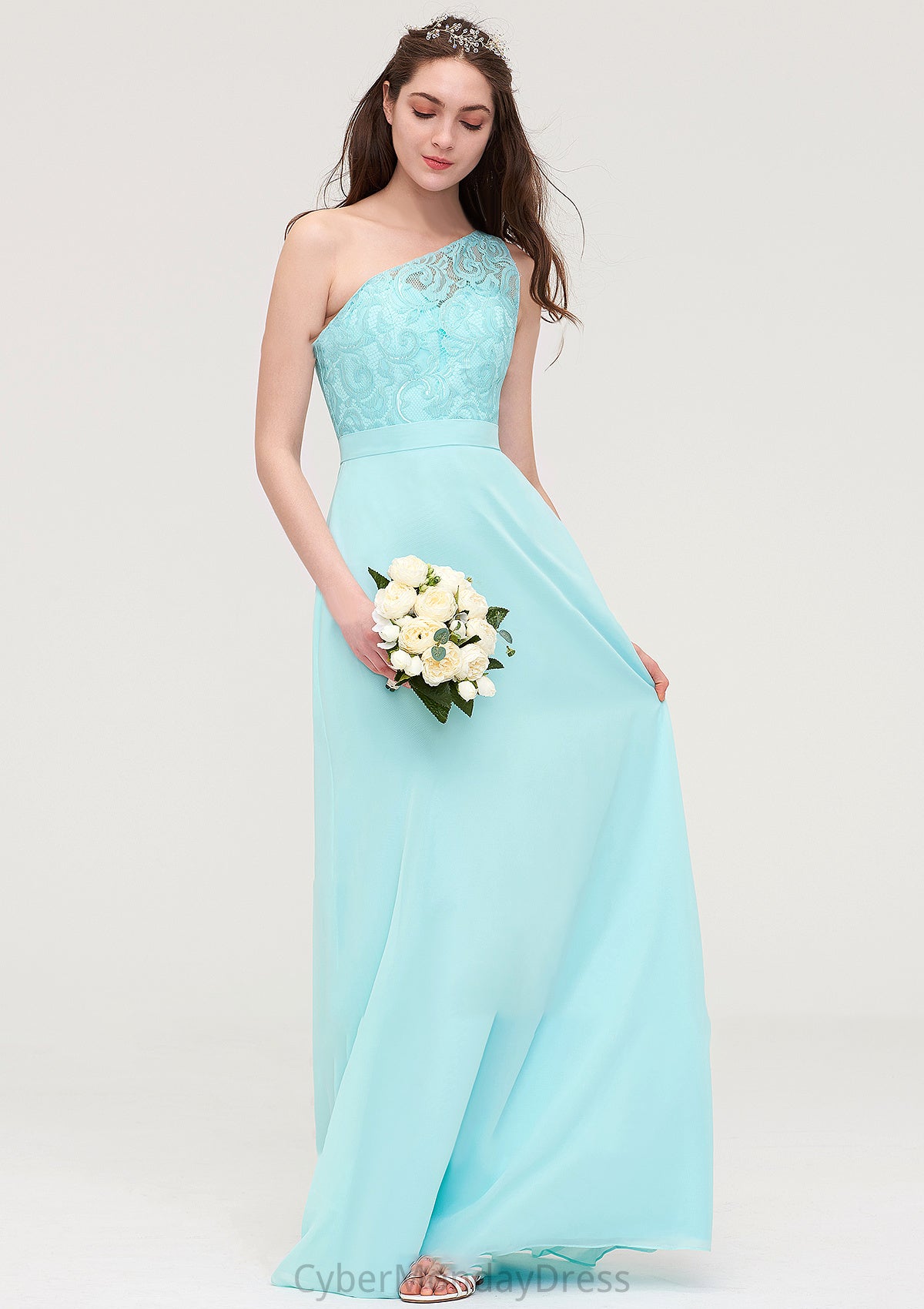 One-Shoulder Sleeveless Long/Floor-Length Chiffon A-line/Princess Bridesmaid Dresses With Lace Kristina DTP0025491