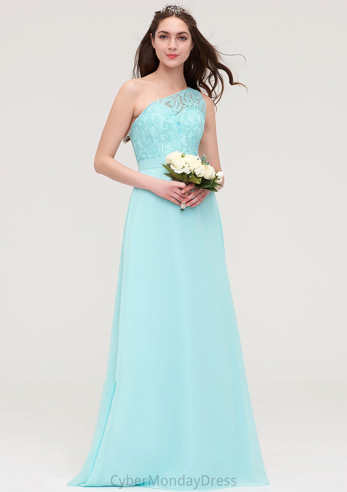 One-Shoulder Sleeveless Long/Floor-Length Chiffon A-line/Princess Bridesmaid Dresses With Lace Kristina DTP0025491