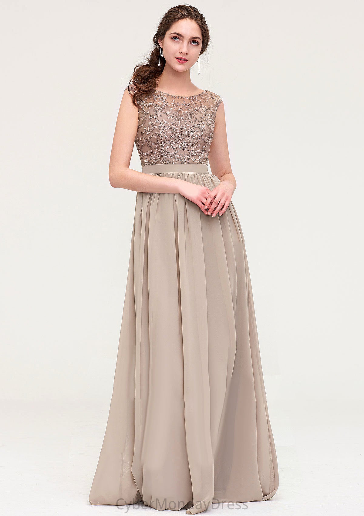 Sleeveless Scoop Neck Long/Floor-Length Chiffon A-line/Princess Bridesmaid Dresses With Sequins Beading Lace Pleated Jocelynn DTP0025493