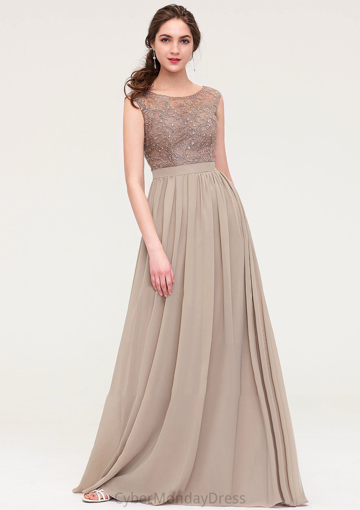 Sleeveless Scoop Neck Long/Floor-Length Chiffon A-line/Princess Bridesmaid Dresses With Sequins Beading Lace Pleated Jocelynn DTP0025493