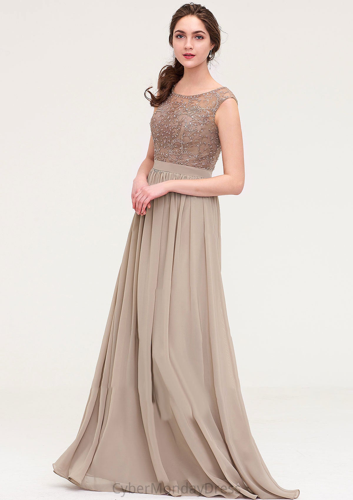 Sleeveless Scoop Neck Long/Floor-Length Chiffon A-line/Princess Bridesmaid Dresses With Sequins Beading Lace Pleated Jocelynn DTP0025493