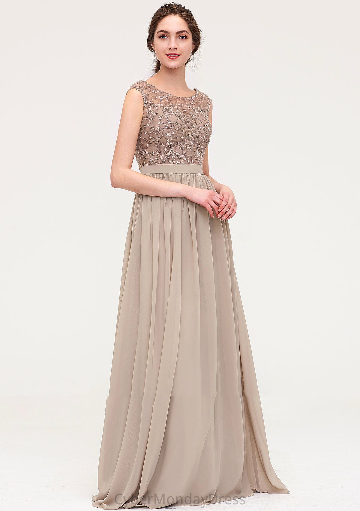 Sleeveless Scoop Neck Long/Floor-Length Chiffon A-line/Princess Bridesmaid Dresses With Sequins Beading Lace Pleated Jocelynn DTP0025493