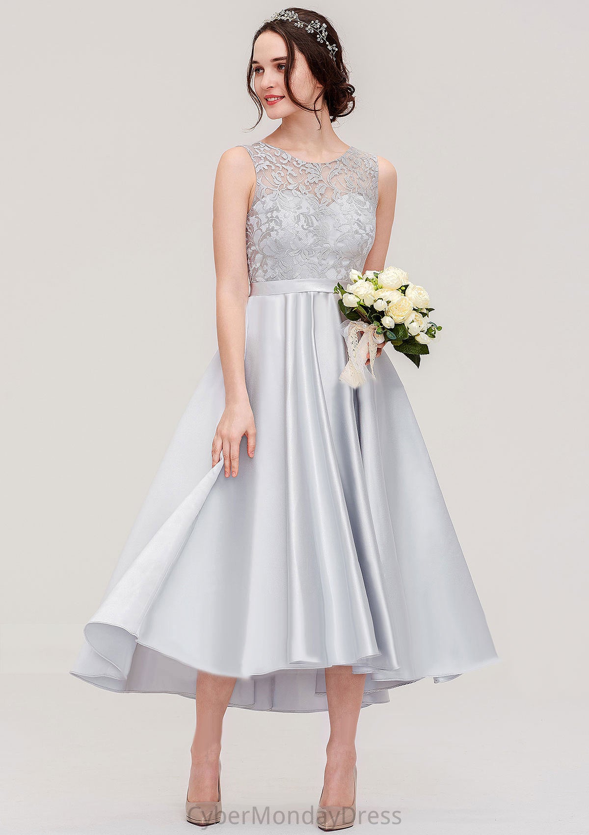 Bateau Sleeveless Tea-Length Satin A-line/Princess Bridesmaid Dresses With Sashes Lace Jaiden DTP0025495