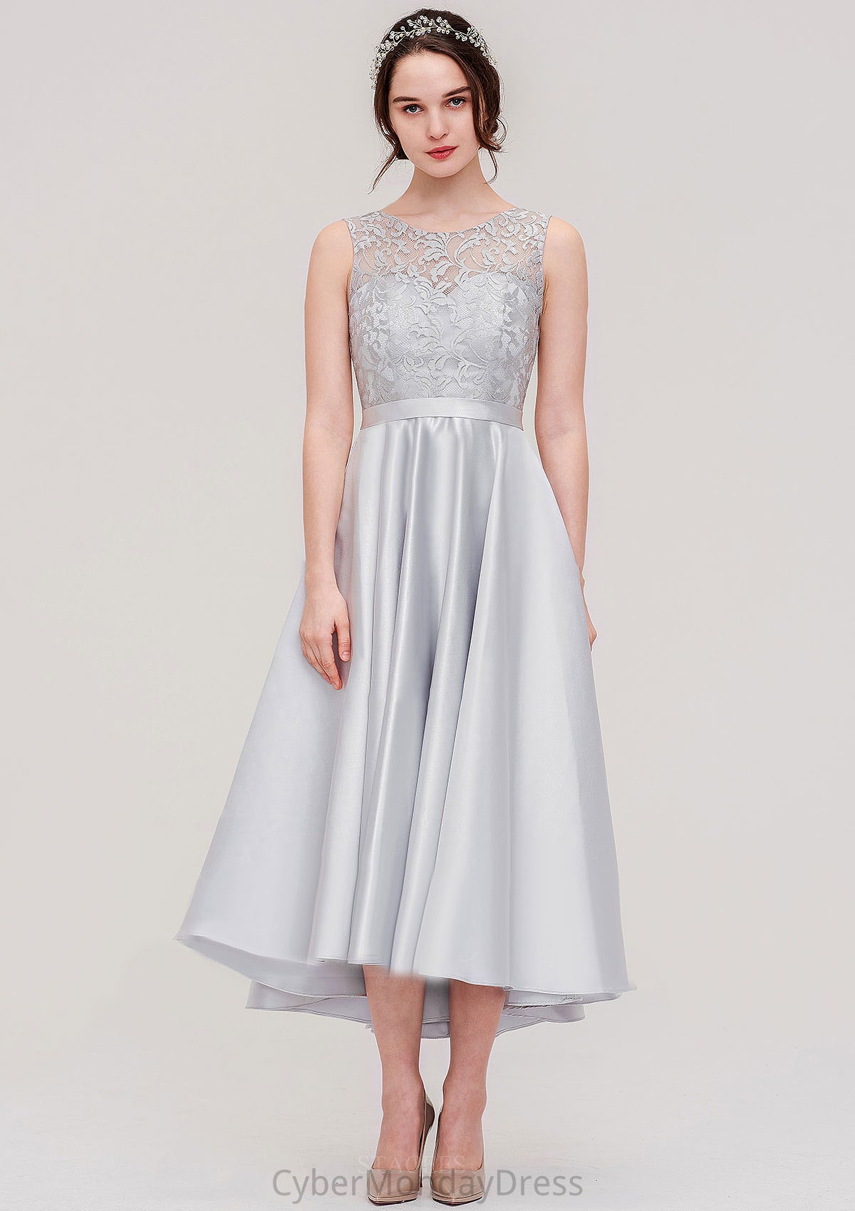 Bateau Sleeveless Tea-Length Satin A-line/Princess Bridesmaid Dresses With Sashes Lace Jaiden DTP0025495