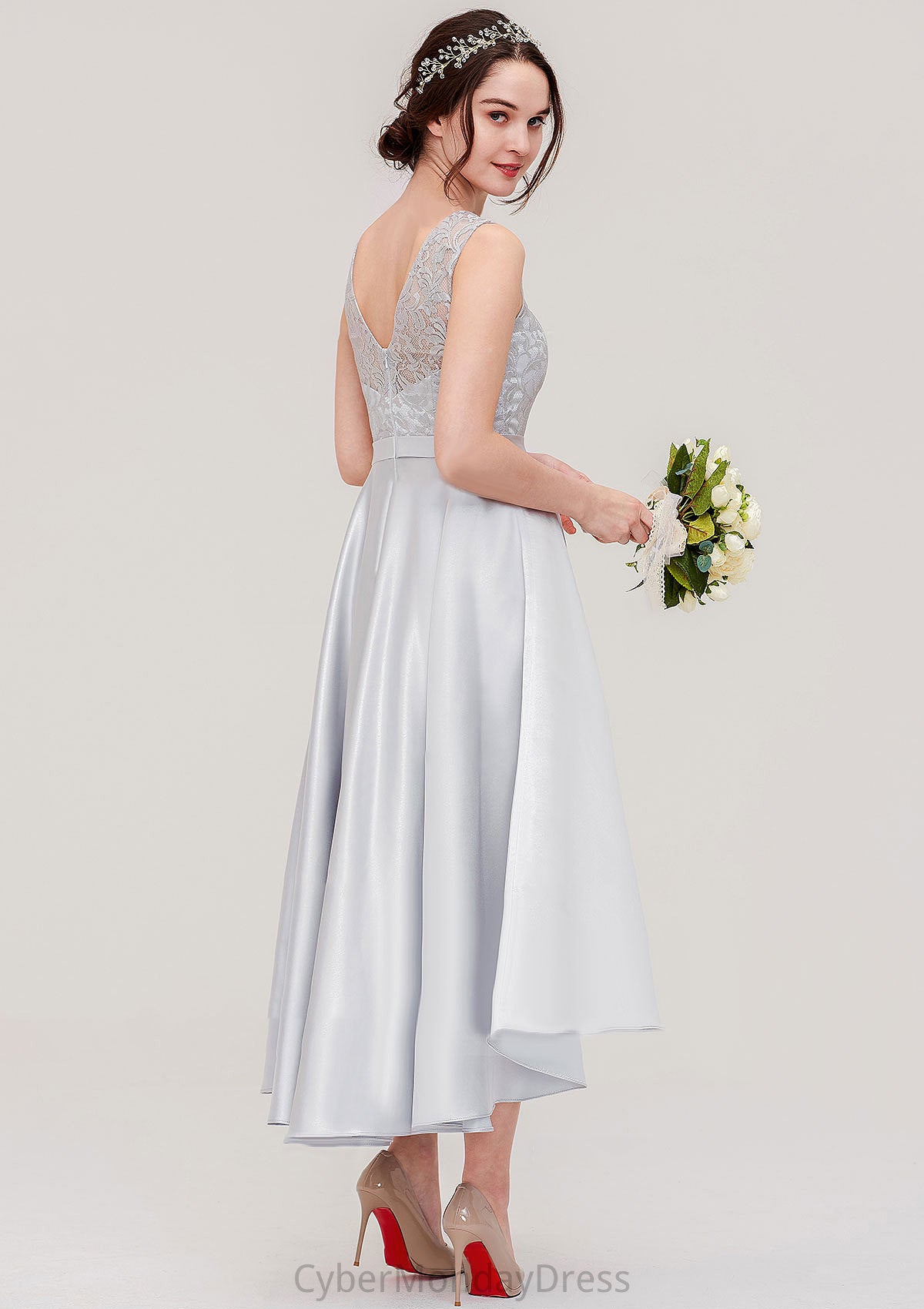 Bateau Sleeveless Tea-Length Satin A-line/Princess Bridesmaid Dresses With Sashes Lace Jaiden DTP0025495