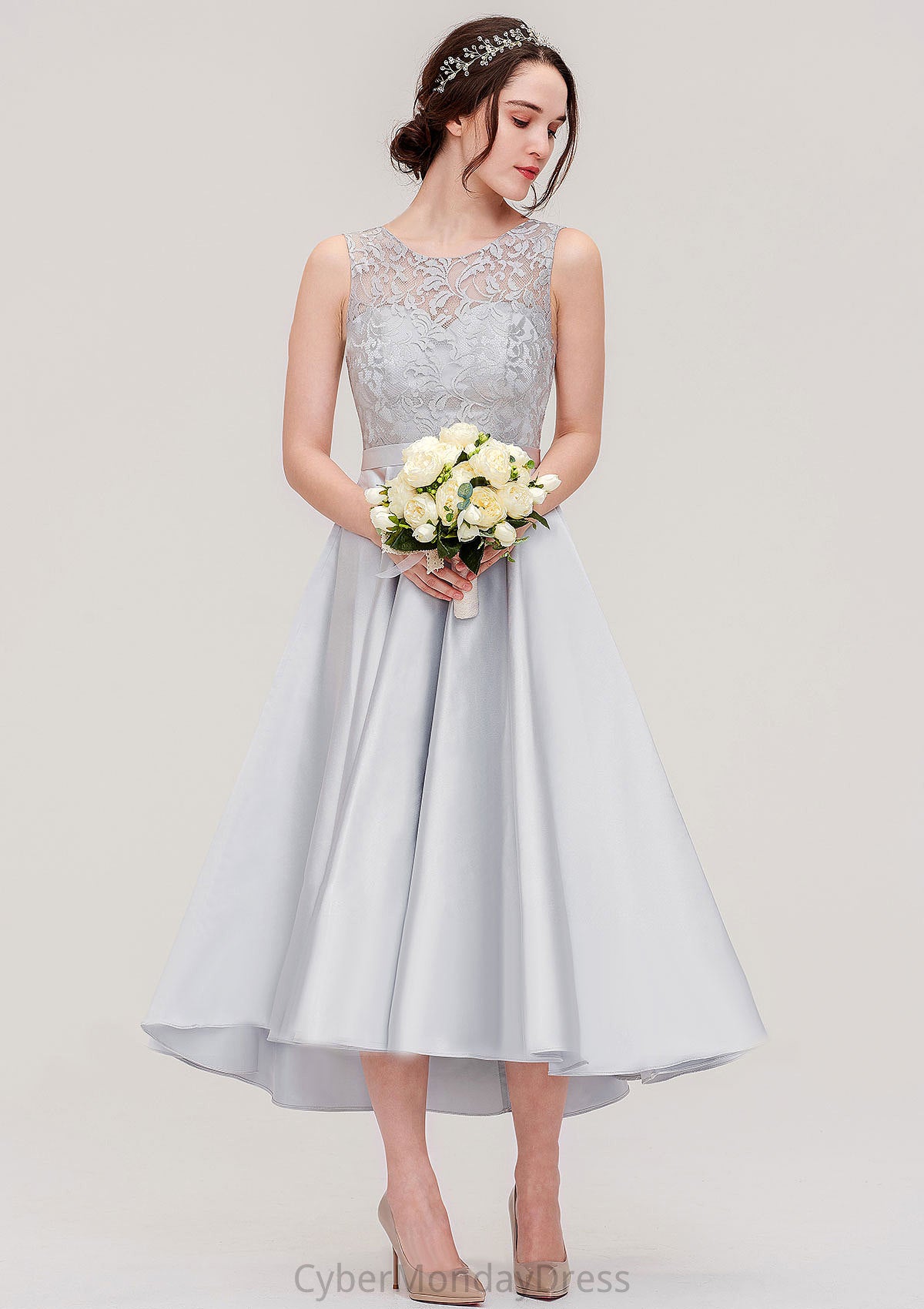 Bateau Sleeveless Tea-Length Satin A-line/Princess Bridesmaid Dresses With Sashes Lace Jaiden DTP0025495