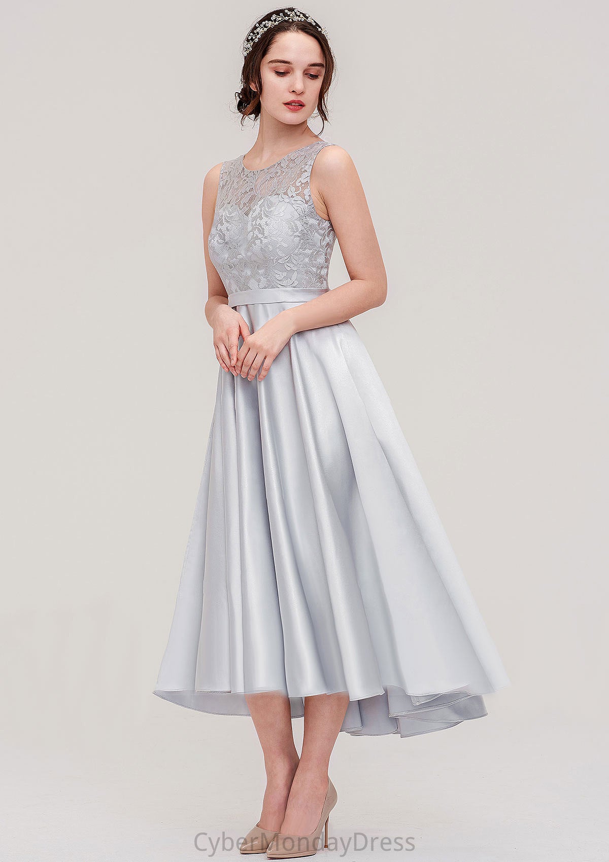 Bateau Sleeveless Tea-Length Satin A-line/Princess Bridesmaid Dresses With Sashes Lace Jaiden DTP0025495