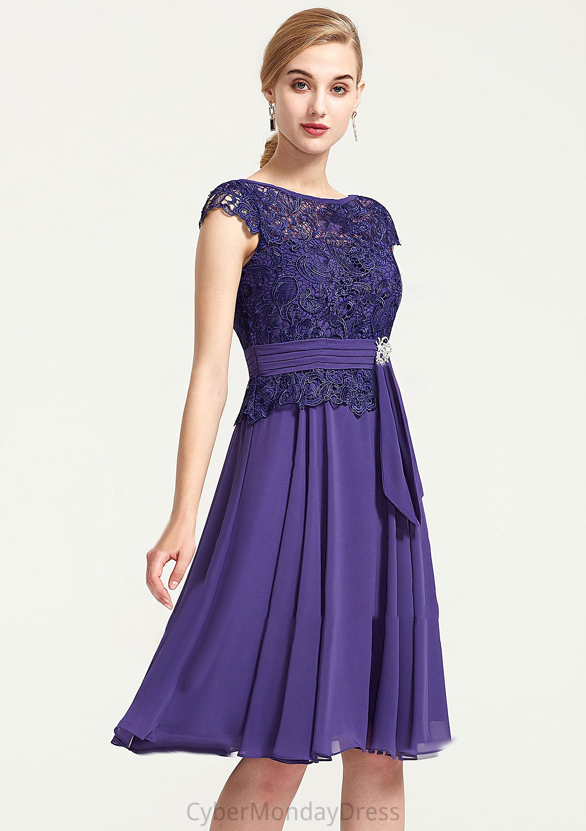 Sleeveless Bateau Knee-Length A-line/Princess Chiffon Bridesmaid Dresses With Rhinestone Appliqued Sashes Akira DTP0025496