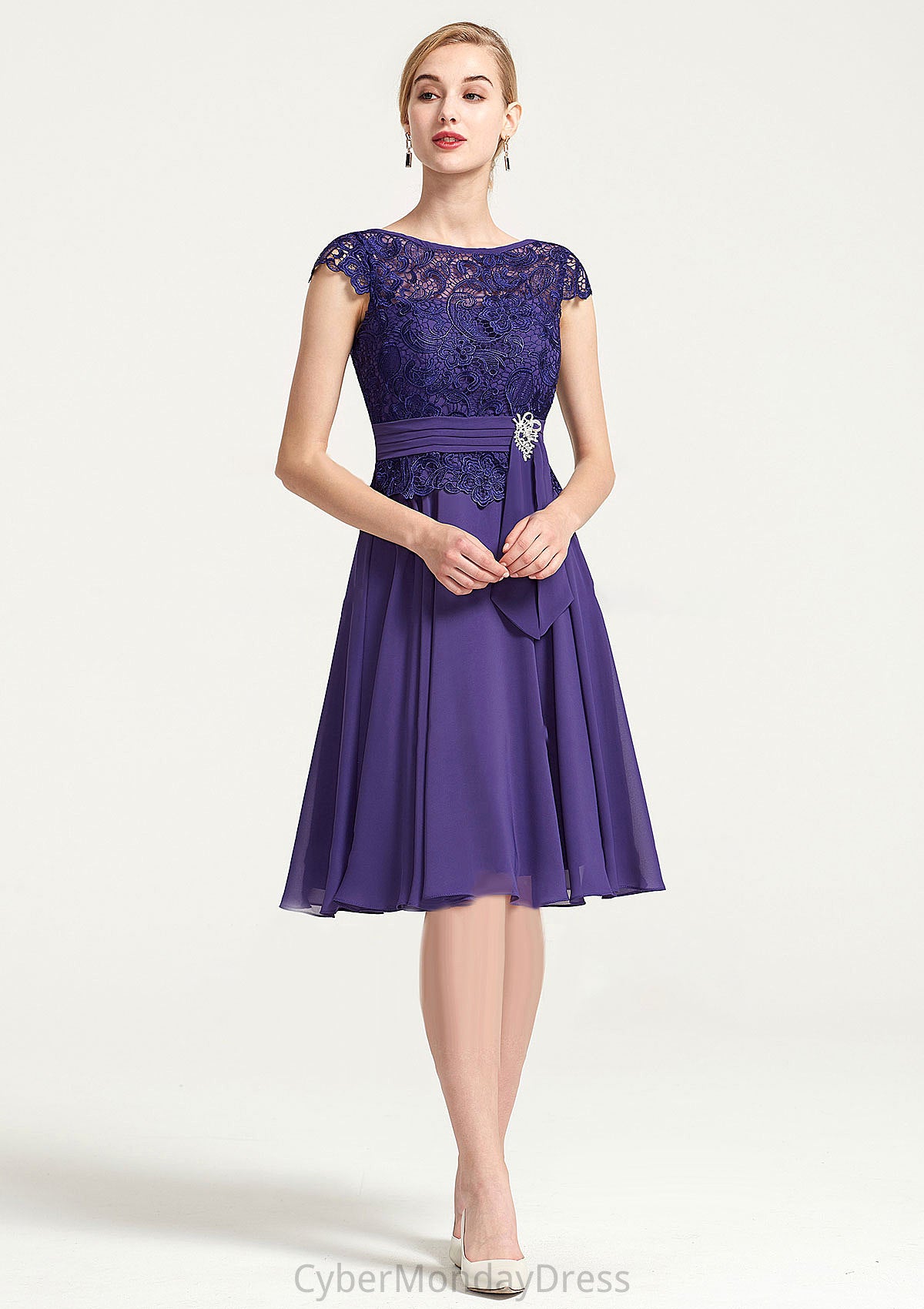 Sleeveless Bateau Knee-Length A-line/Princess Chiffon Bridesmaid Dresses With Rhinestone Appliqued Sashes Akira DTP0025496