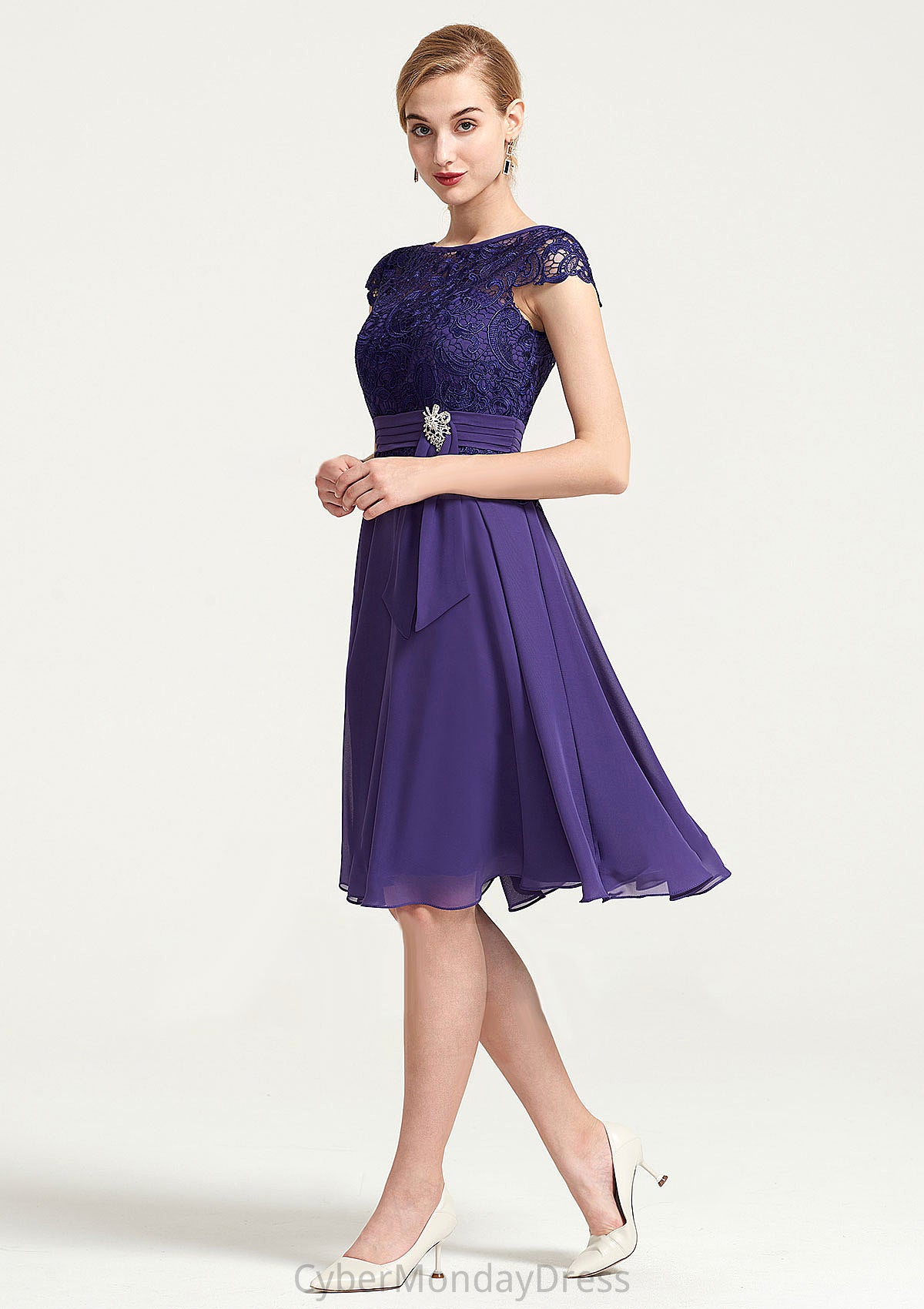 Sleeveless Bateau Knee-Length A-line/Princess Chiffon Bridesmaid Dresses With Rhinestone Appliqued Sashes Akira DTP0025496