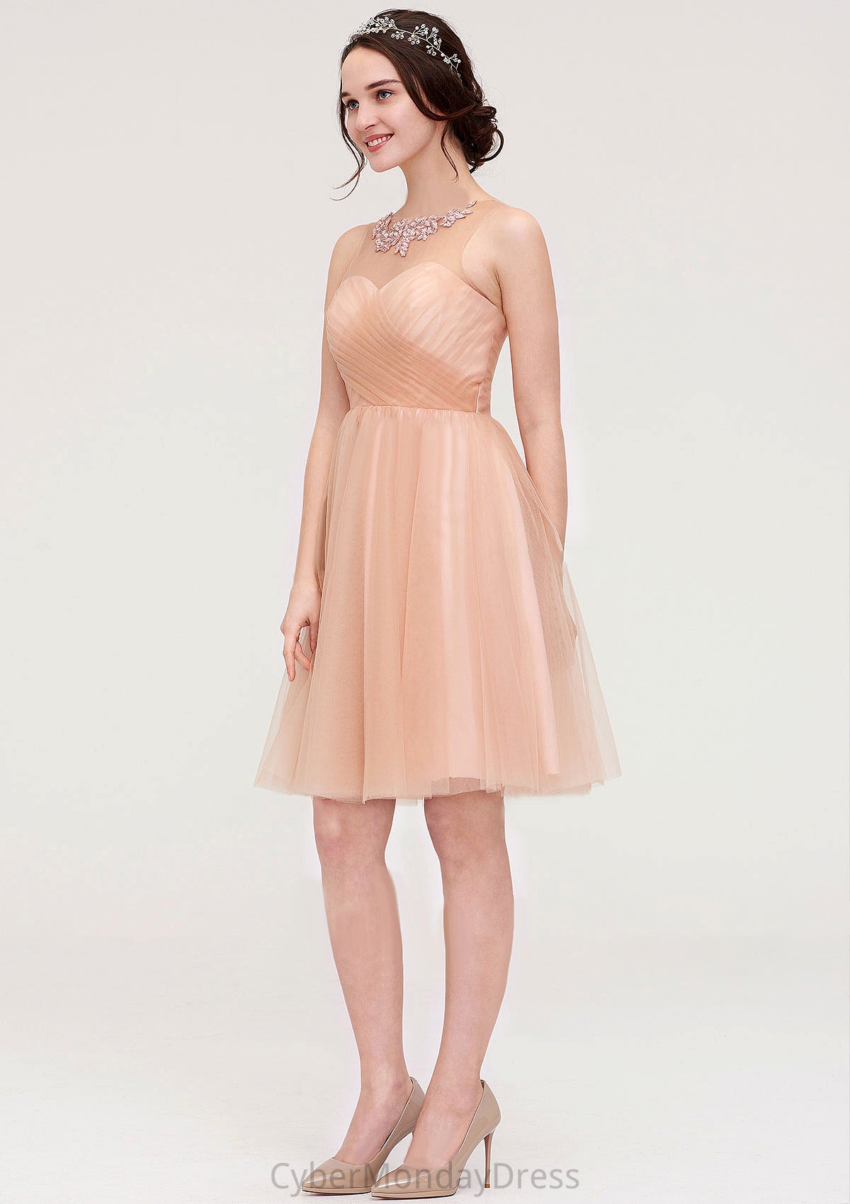 Bateau Sleeveless A-line/Princess Tulle Knee-Length Bridesmaid Dresses With Pleated Beading Kenley DTP0025498