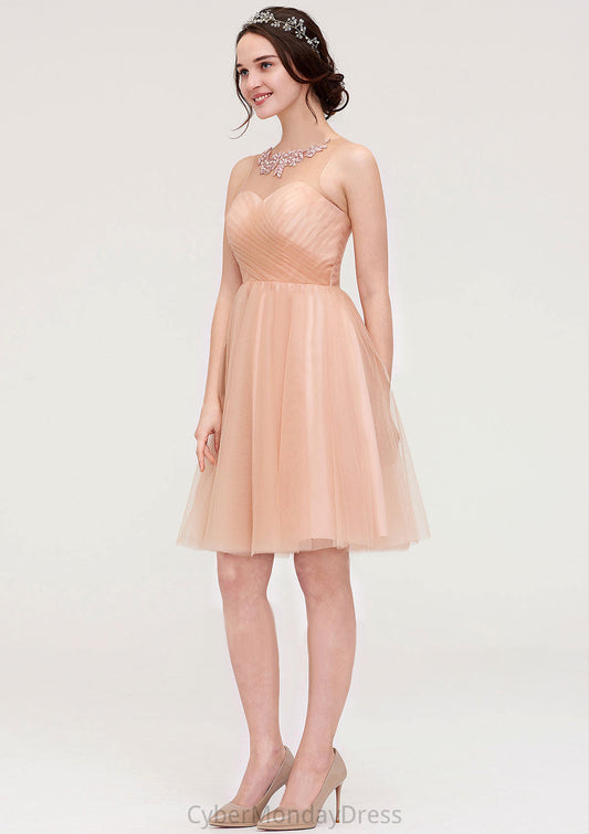 Bateau Sleeveless A-line/Princess Tulle Knee-Length Bridesmaid Dresses With Pleated Beading Kenley DTP0025498