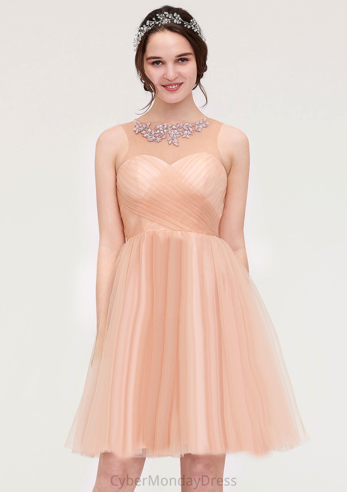 Bateau Sleeveless A-line/Princess Tulle Knee-Length Bridesmaid Dresses With Pleated Beading Kenley DTP0025498