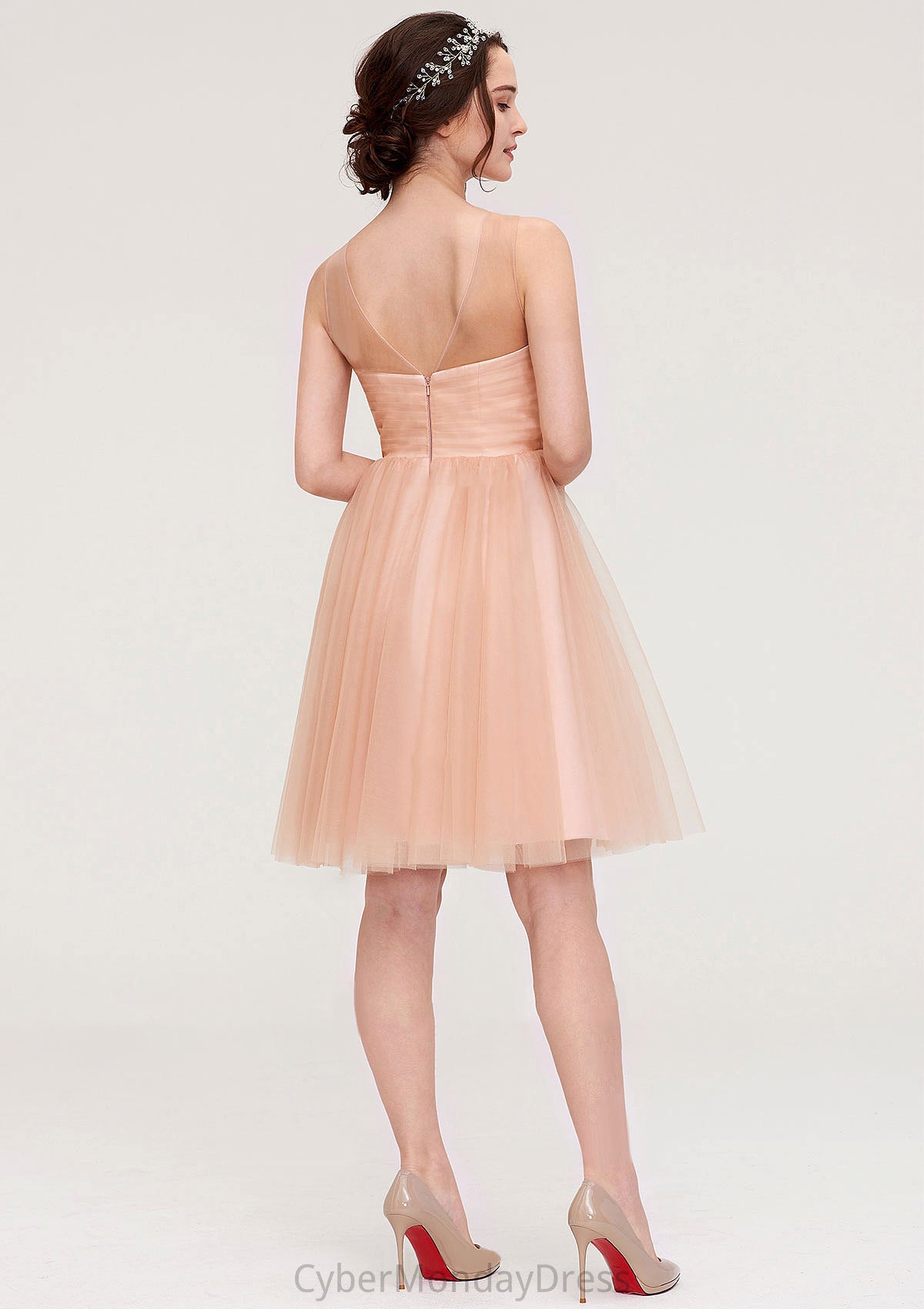 Bateau Sleeveless A-line/Princess Tulle Knee-Length Bridesmaid Dresses With Pleated Beading Kenley DTP0025498