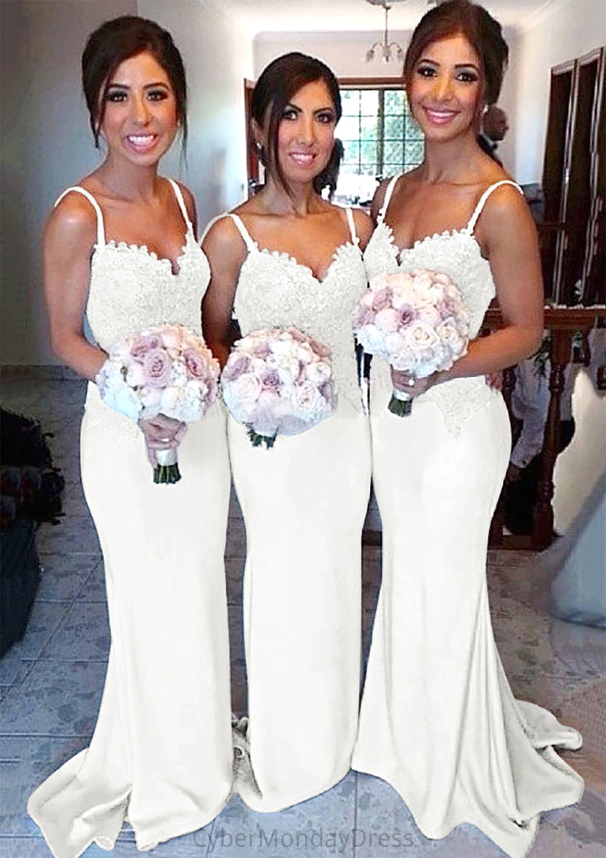 Sweetheart Court Train Sheath/Column Elastic Satin Bridesmaid Dresseses With Lace Marley DTP0025500