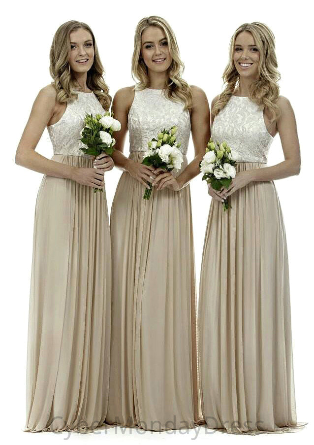 Bateau A-Line/Princess Long/Floor-Length Chiffon Bridesmaid Dresses With Lace Penny DTP0025503