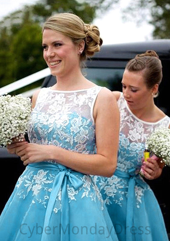 Bateau A-Line/Princess Tea-Length Organza Bridesmaid Dresses With Appliqued Madilyn DTP0025504