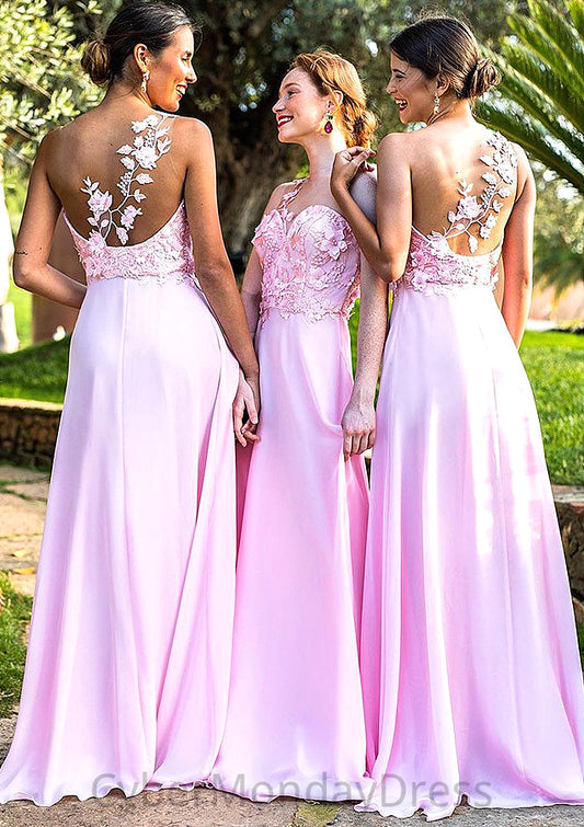 Sleeveless One-Shoulder Sweep Train A-line/Princess Chiffon Bridesmaid Dresseses With Appliqued Nell DTP0025506