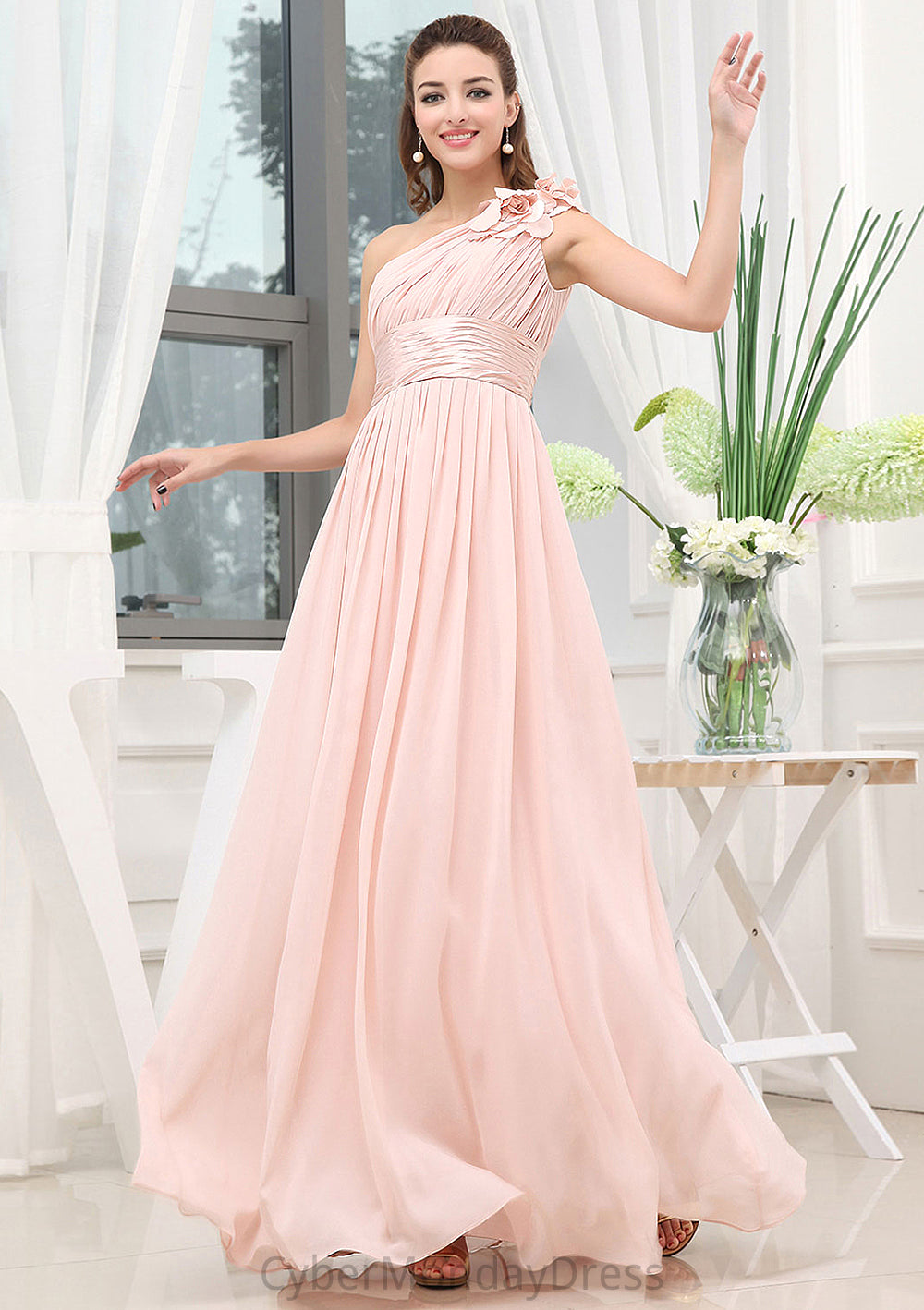 Sleeveless One-Shoulder Long/Floor-Length A-line/Princess Chiffon Bridesmaid Dresses With Pleated Shoulder Flower Camila DTP0025507