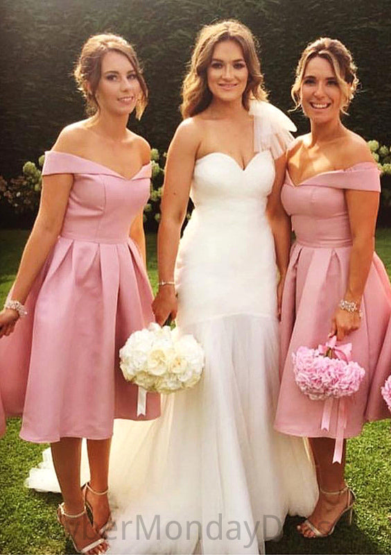 Sleeveless Off-the-Shoulder Tea-Length A-line/Princess Satin Bridesmaid Dresseses With Pleated Zoey DTP0025508