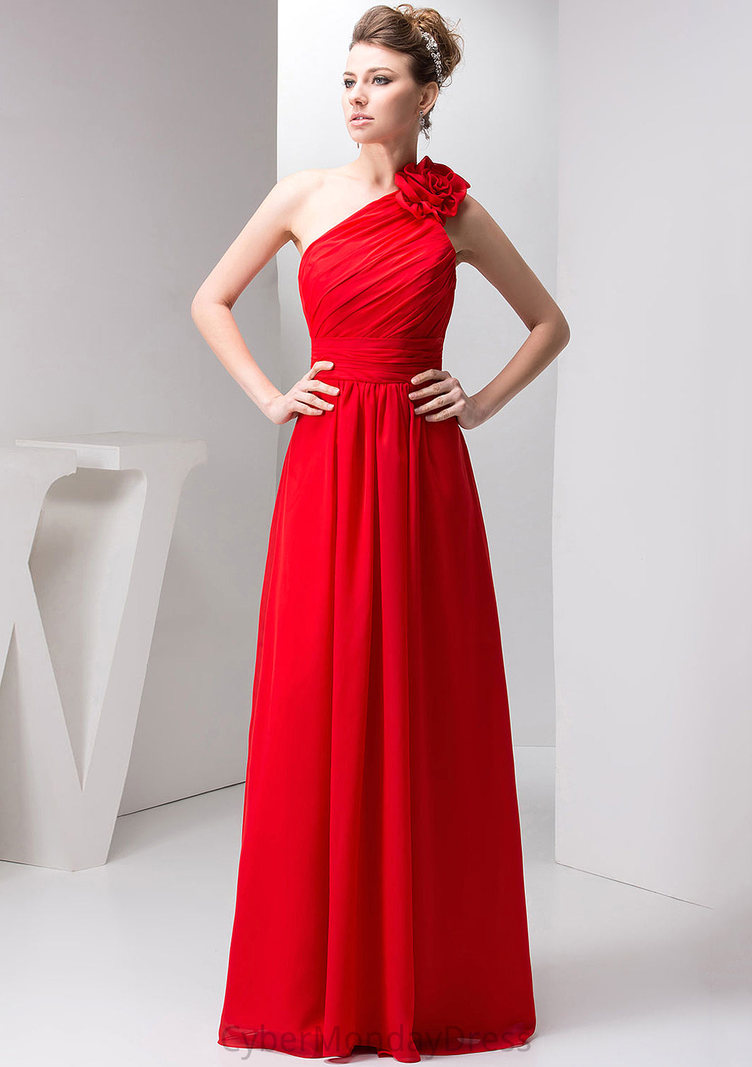 Sleeveless One-Shoulder Long/Floor-Length A-line/Princess Chiffon Bridesmaid Dresses With Pleated Shoulder Flower - Prom Dresses Natalia DTP0025512