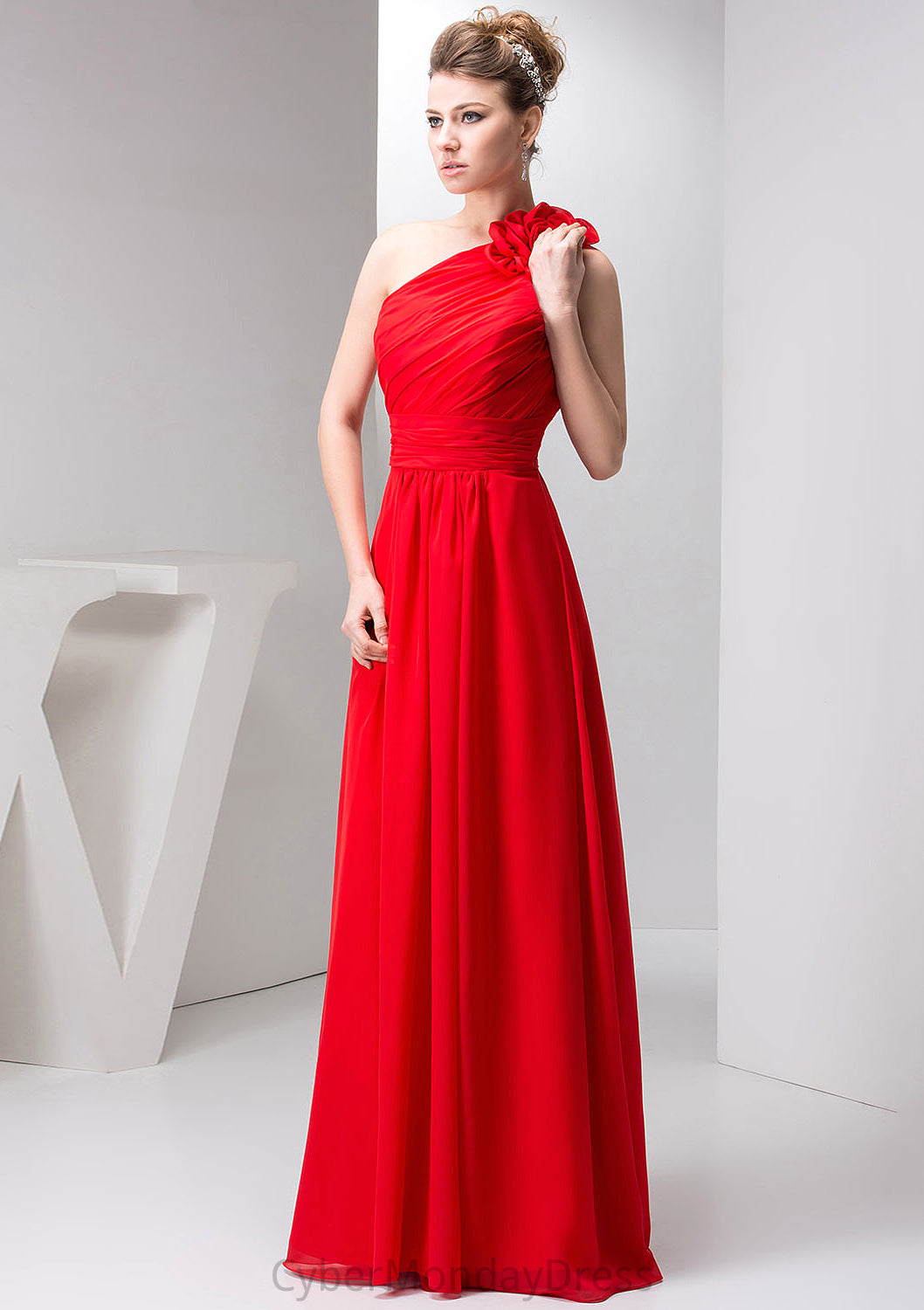 Sleeveless One-Shoulder Long/Floor-Length A-line/Princess Chiffon Bridesmaid Dresses With Pleated Shoulder Flower - Prom Dresses Natalia DTP0025512