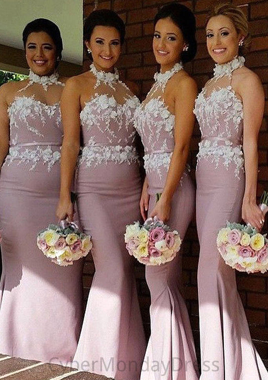 Halter Sleeveless Sweep Train Sheath/Column Satin Bridesmaid Dresses With Appliqued Janiyah DTP0025515