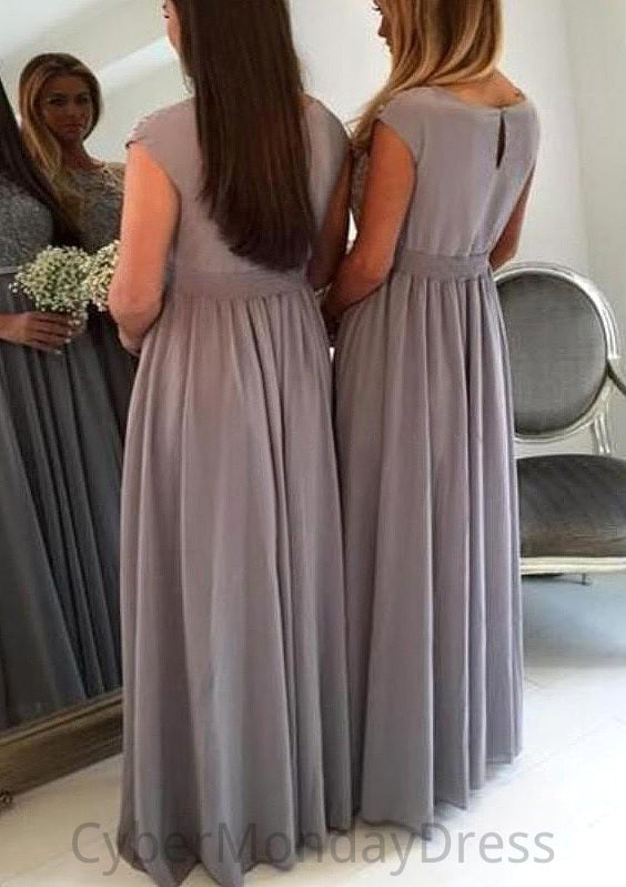 Bateau A-Line/Princess Long/Floor-Length Chiffon Bridesmaid Dresses With Appliqued Alexia DTP0025517