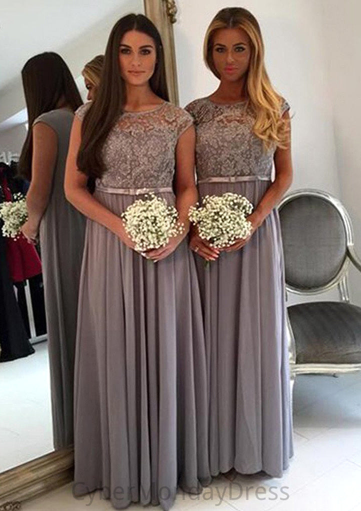 Bateau A-Line/Princess Long/Floor-Length Chiffon Bridesmaid Dresses With Appliqued Alexia DTP0025517