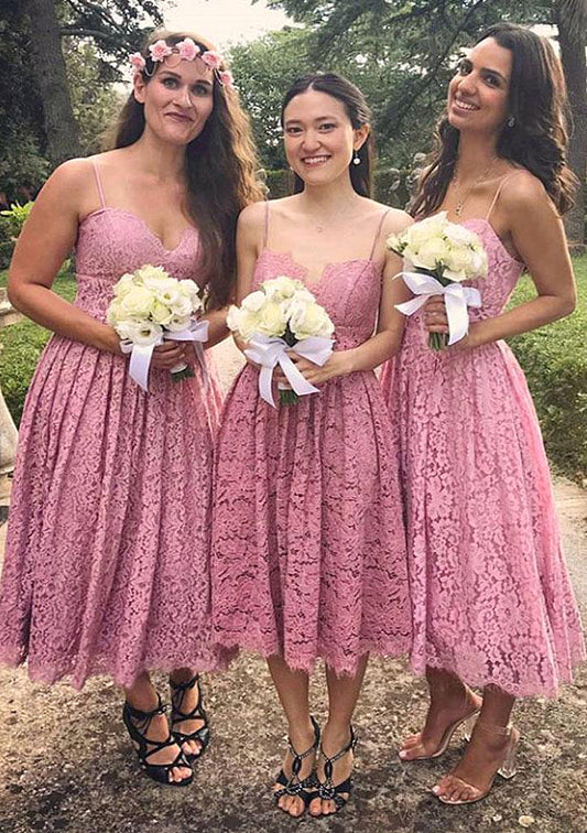 Sleeveless Sweetheart Tea-Length A-line/Princess Lace Bridesmaid Dresseses With Pleated Lizeth DTP0025518