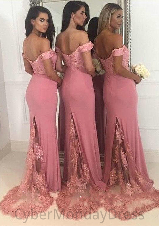 Sleeveless Off-the-Shoulder Sweep Train Sheath/Column Jersey Bridesmaid Dresseses With Lace Beading Tiana DTP0025519