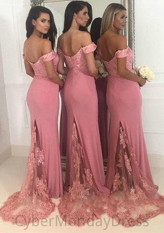 Sleeveless Off-the-Shoulder Sweep Train Sheath/Column Jersey Bridesmaid Dresseses With Lace Beading Tiana DTP0025519