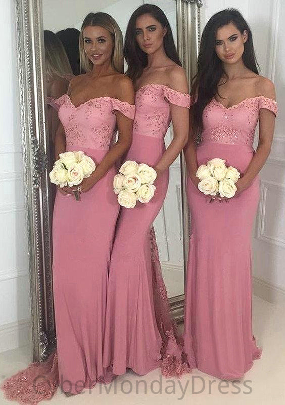 Sleeveless Off-the-Shoulder Sweep Train Sheath/Column Jersey Bridesmaid Dresseses With Lace Beading Tiana DTP0025519