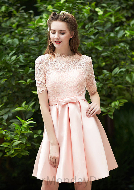 Bateau Short Sleeve Short/Mini A-line/Princess Satin Bridesmaid Dresses With Waistband Pleated Lace Jessica DTP0025521