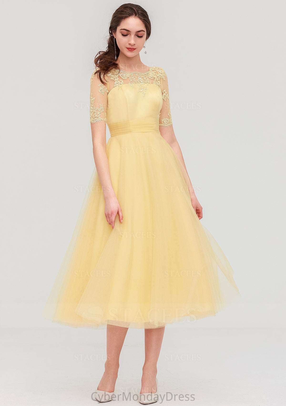 Bateau Short Sleeve A-line/Princess Tulle Tea-Length  Bridesmaid Dresses With Pleated Lace June DTP0025522