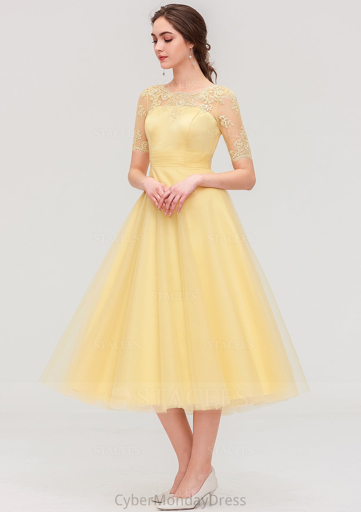 Bateau Short Sleeve A-line/Princess Tulle Tea-Length  Bridesmaid Dresses With Pleated Lace June DTP0025522