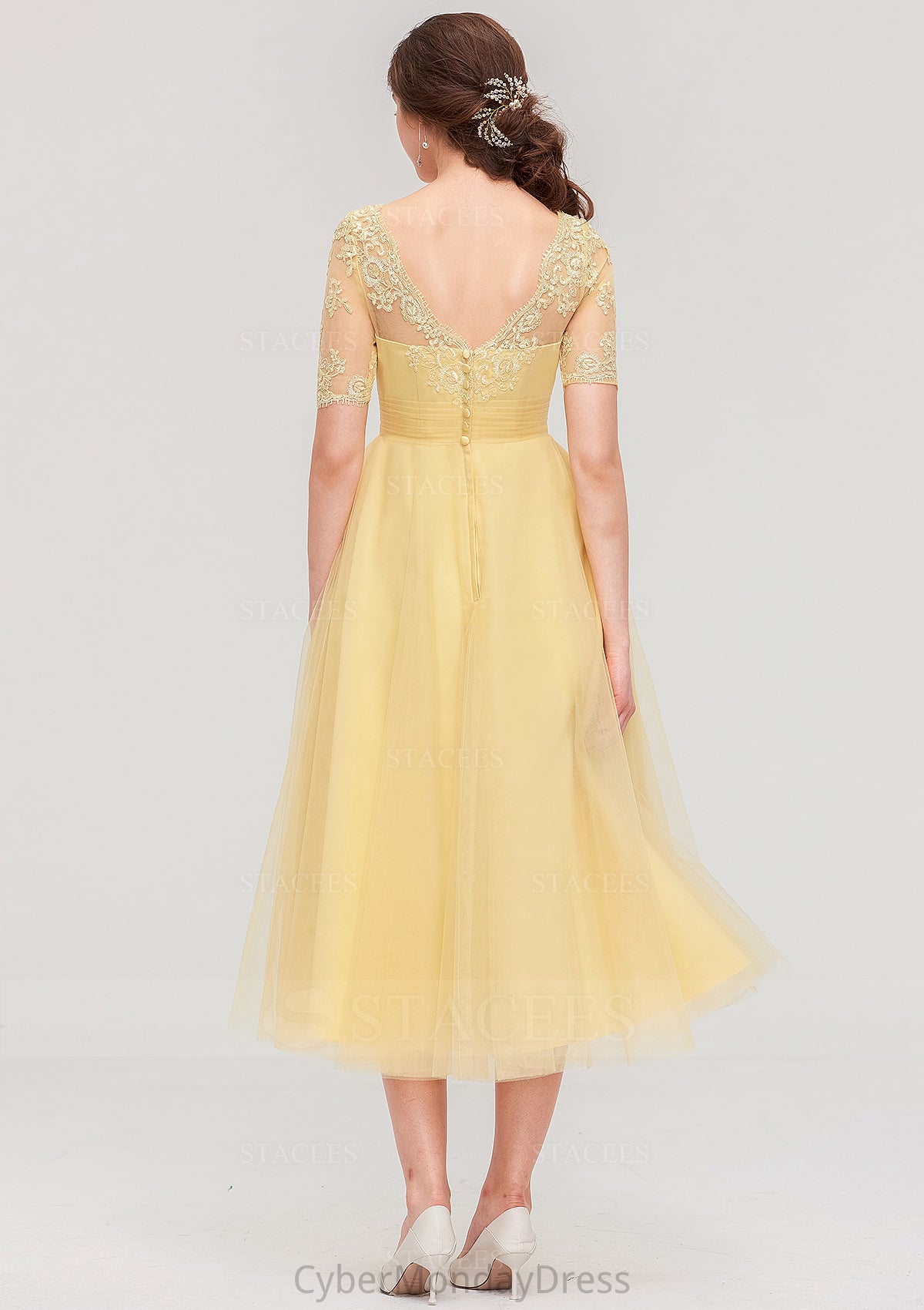 Bateau Short Sleeve A-line/Princess Tulle Tea-Length  Bridesmaid Dresses With Pleated Lace June DTP0025522